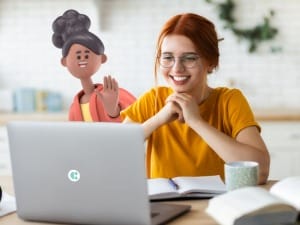 A picture of a social worker on a System C laptop next to a System C social care character.