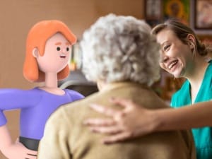 A picture of a System C social care character engaging with a patient and social worker.