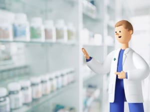 A System C healthcare character in a pharmacy setting.
