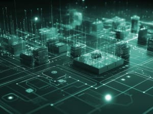 A picture showing digital data and a circuit board.