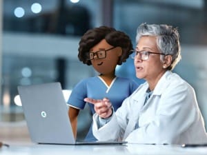 A Picture of the System C Healthcare character with a healthcare professional.