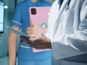 A picture of a healthcare worker with an electronic device, standing next to a System C healthcare character.