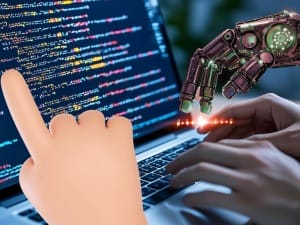 a picture of a a cartoon and digital hand pointing to software code on an laptop device.