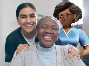 A picture of a healthcare worker and a female patient with a System C character.