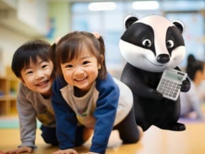 A picture of the BadgerNet badger holding a calculator with 2 young children smiling.