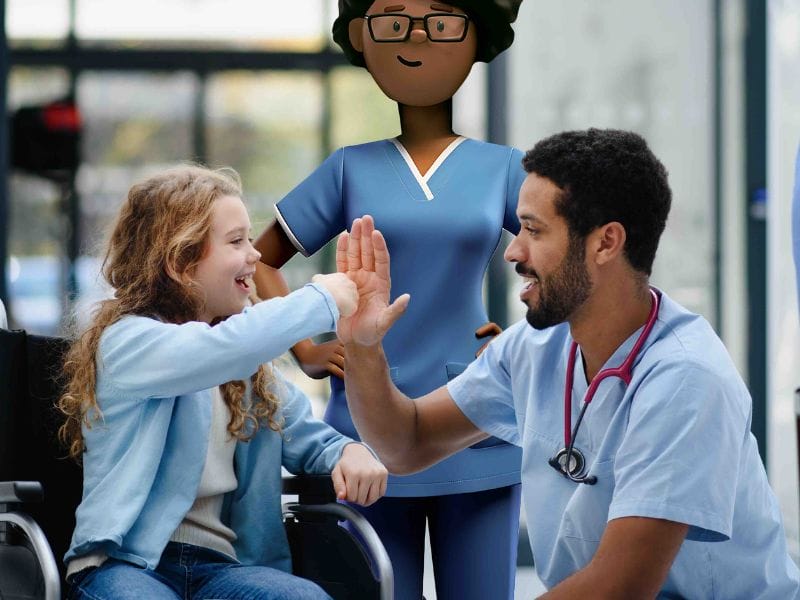 A picture of a healthcare professional with a young patient in a hospital setting.
